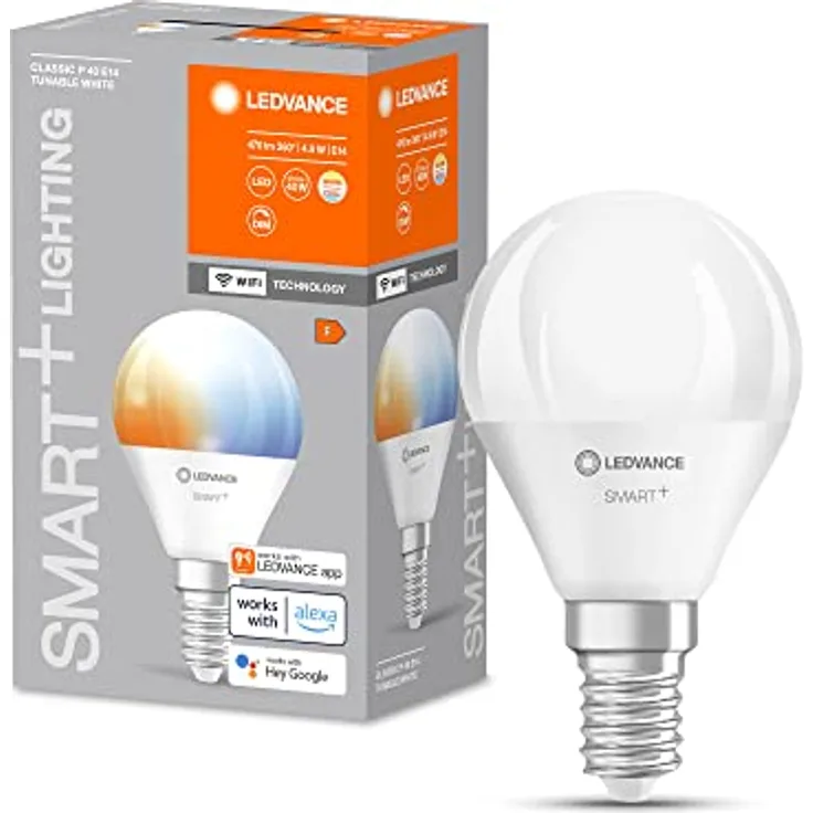 LEDVANCE Smarte LED-Lampe mit WiFi Technologie, Sockel E14, Dimmbar, Lichtfarbe änderbar (2700-6500K), ersetzt Glühlampen mit 40 W, SMART+ WiFi Mini Bulb Tunable White, 1er-Pack - Preisvergleich