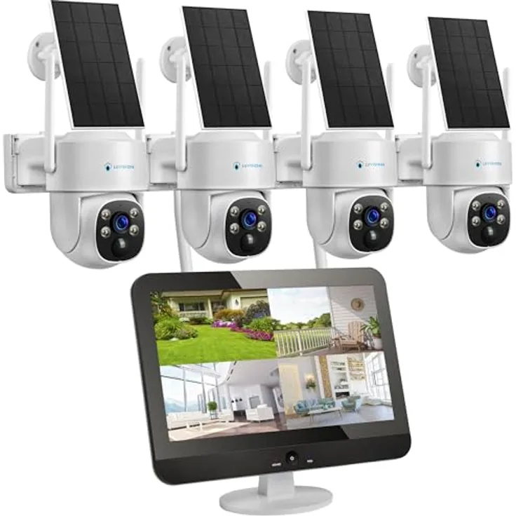 LUVISION 4MP+PTZ+Solar WLAN PTZ Überwachungssystem 12,5" LED Monitor mit Nachtsicht in Farbe, Mikrofon, 2-Wege Audio, Sirene, Fernanzeige, App & Mail Alarm (4 Kameras)