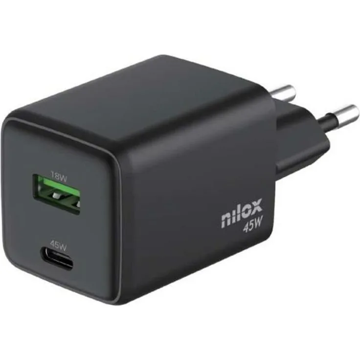 Nilox NXGANUSBC45, 45 W USB-Ladegerät mit 2 USB-C Anschlüssen, Schwarz, inkl. 2 m Kabel