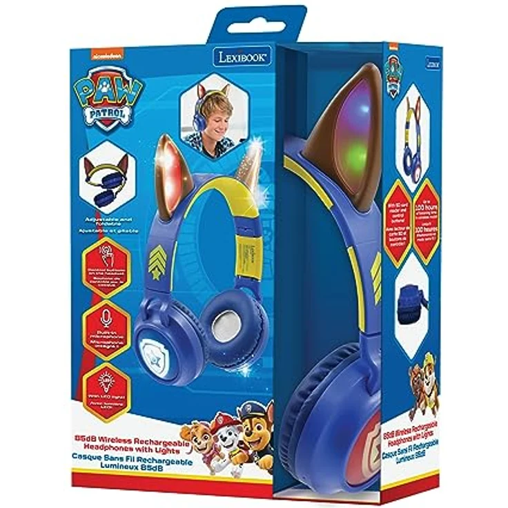 Lexibook Paw Patrol 2-in-1 kabellose und kabelgebundene Kopfhörer mit Chase-Ohren, hohe Klangqualität bis 85 dB, Lichteffekte, faltbar, verstellbar, wiederaufladbar, Blau – Bild 4