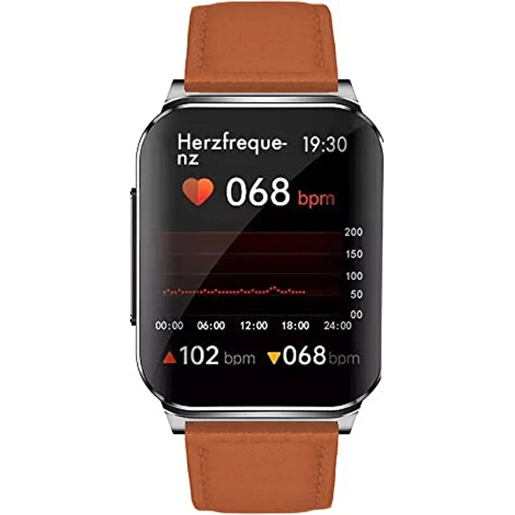 Knauermann Pro 2 Plus (2023) Silber - Gesundheitsuhr Smartwatch - OSRAM Sensoren - Brustkorb EKG + HRV Funktion - BT Bluetooth - Schlafapnoe - Blutdruck - Lederfaserband Braun, 14-24 – Bild 1