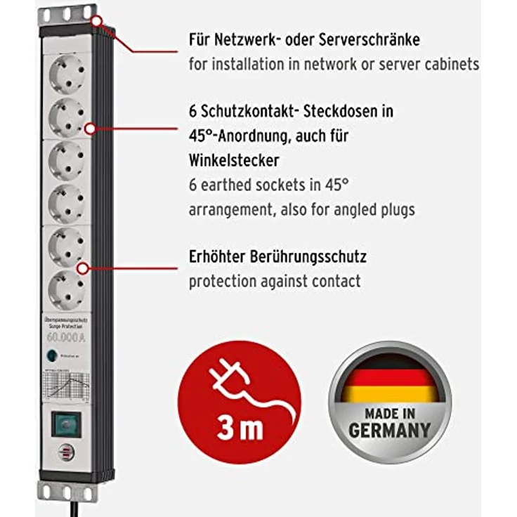 Brennenstuhl Premium-Line Steckdosenleiste 6-Fach mit Überspannungsschutz 60.000 A (Mehrfachsteckdose im 19" Format, 3m Kabel, mit Schalter, Made in Germany) schwarz/grau – Bild 2
