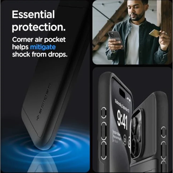Spigen Slim Armor CS Hülle - iPhone 15 Pro Kompatibel, Schwarz, Eingebautes Kartenfach, Doppelschichtige Schutzhülle, Air Cushion Technologie – Bild 5