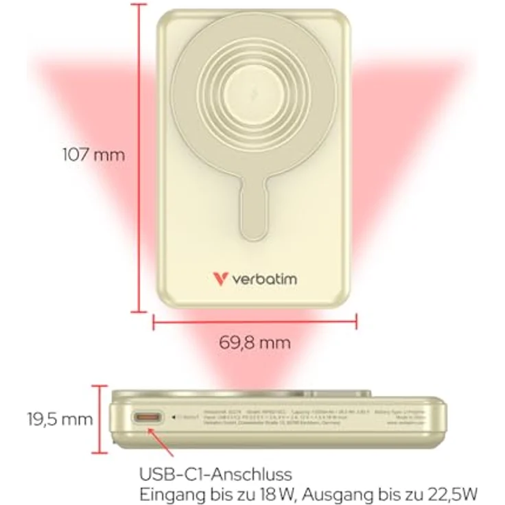Verbatim Charge 'n' Go MagSafe Powerbank 10000mAh [Gold], 15W magnetisch, PD 22,5W Schnellladung, LED-Anzeige, klappbarer Ständer, inkl. 2 USB-C Kabel für iPhone 17/16/15/14/13/12 Pro – Bild 4