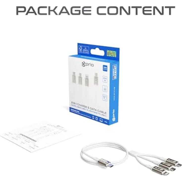 Prio 3 in 1 Micro USB, USB C & Lightning auf USB C Kabel, 3A, 1,2m, weiß – Bild 2