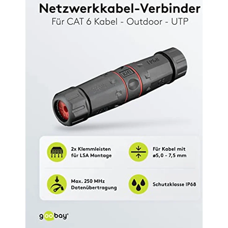 Goobay 44415 Outdoor (IP68) Lan Netzwerkkabel Verbinder, CAT 6 UTP geschirmt - Staub- und Wasserdicht, LSA Montage (Werkzeugfrei), 250 MHz Bandbreite – Bild 2