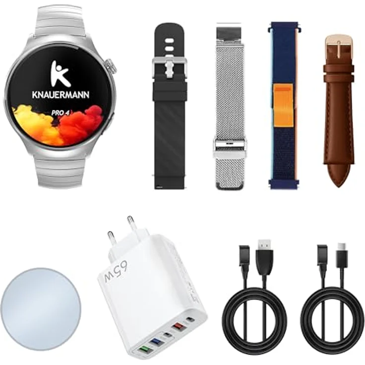 Knauermann PRO 4 EKG-Gesundheitsuhr, Smartwatch in Silber mit Telefonfunktion, Puls-, Blutdruck- und Blutsauerstoffmessung, Schlafanalyse, Premium-Set mit 5 Armbändern – Bild 5