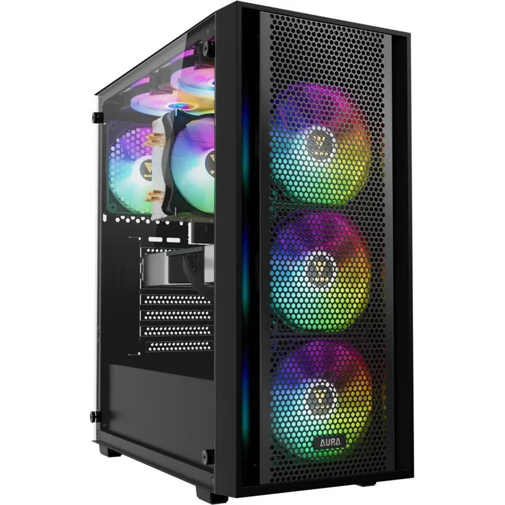 Gamdias Aura GC2 Elite ARGB, Gaming Miditower PC Gehäuse in Schwarz mit Tempered Glas, unterstützt ATX-Mainboards, bis zu 12 Lüfter und moderne USB 2.0/3.0 Anschlüsse