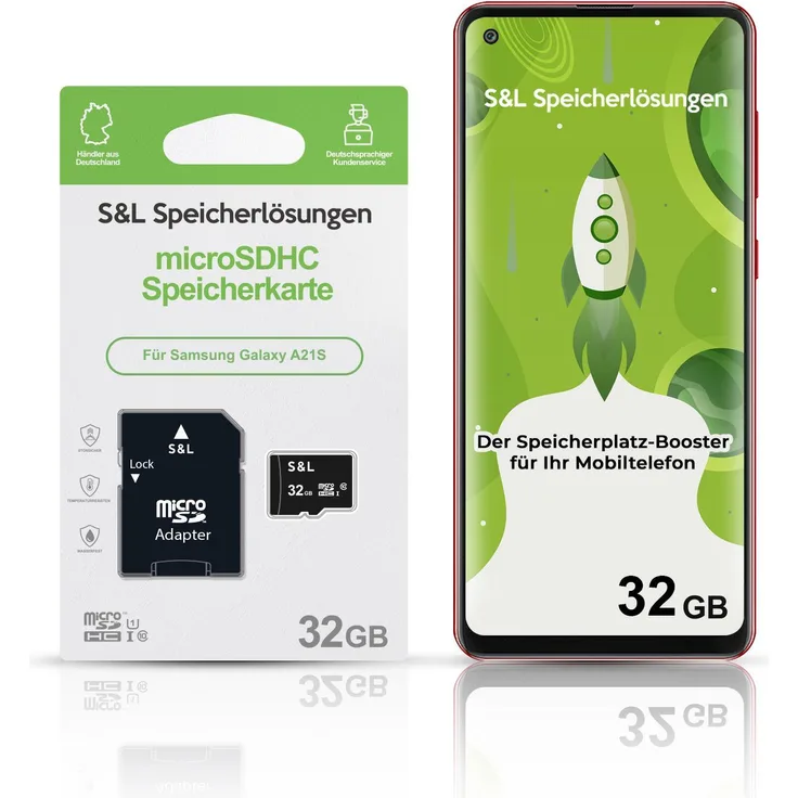 S&L microSD Speicherkarte für Samsung Galaxy A21S, 32 GB, Class 10 U1, stoßsicher, temperaturresistent, wasserdicht