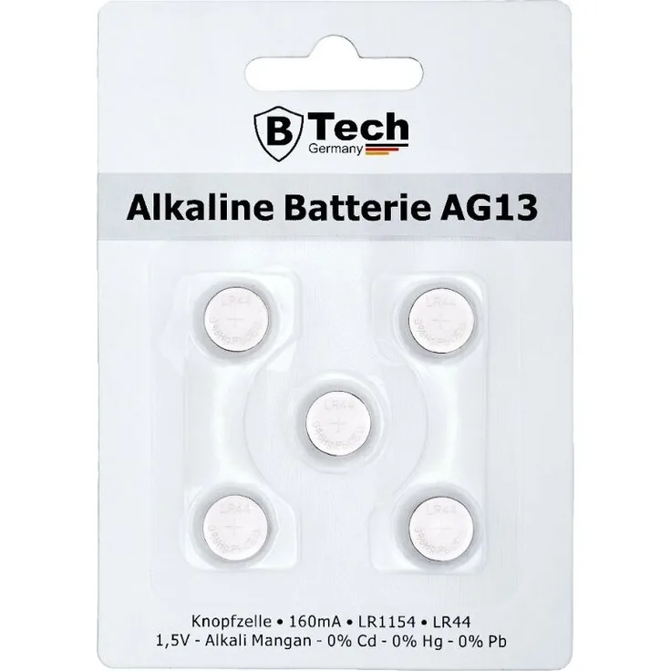 B-Tech Batterie Alkaline AG13, 5er Pack Knopfzelle-Blister, 160 mA, 1,5 V