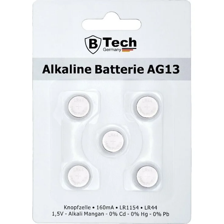 B-Tech Batterie Alkaline AG13, 5er Pack Knopfzelle-Blister, 160 mA, 1,5 V