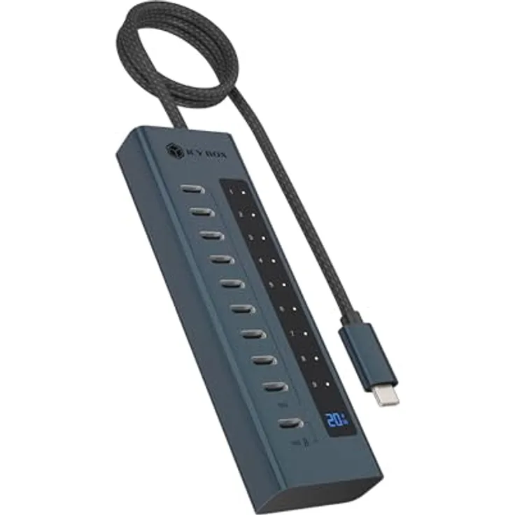 ICY Box IB-HUB1450-C31, 10-Port USB-C Hub mit 9x USB 3.2 Gen 2 (10 Gbit/s), 1x USB-C Power Delivery 20 W, Aluminiumgehäuse, 60 cm Kabel, inkl. Netzadapter