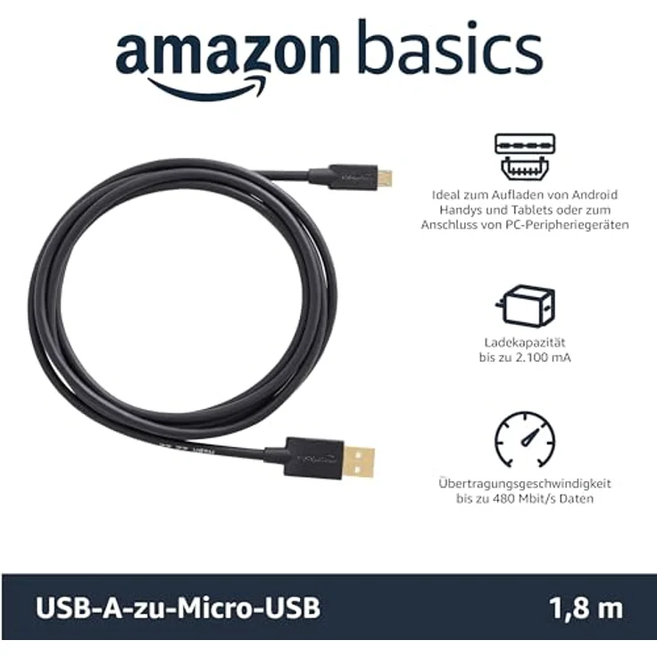 AmazonBasics 7WXKV4 Verbindungskabel, USB 2.0, USB-A-Stecker auf Micro-USB-B-Stecker (2 Stück), 1,82 m, Schwarz - Preisvergleich – Bild 2