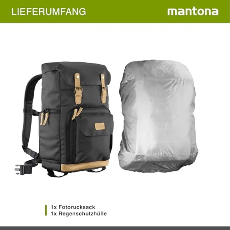 Mantona Luis Retro Fotorucksack (mit Echtleder-Applikationen, inkl. Regenschutzhülle, flexible Einteilung und Laptopfach, geeignet für 1x DSLR-Kamera, 3x Objektive und diverses Fotozubehör) schwarz – Bild 11