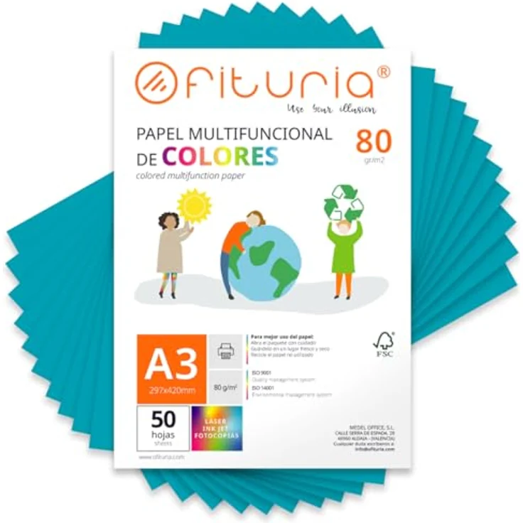 OFITURIA Buntes Papier A3 80g, 50 Blatt farbig für Drucker, Basteln und Scrapbooking – Türkis – Bild 1