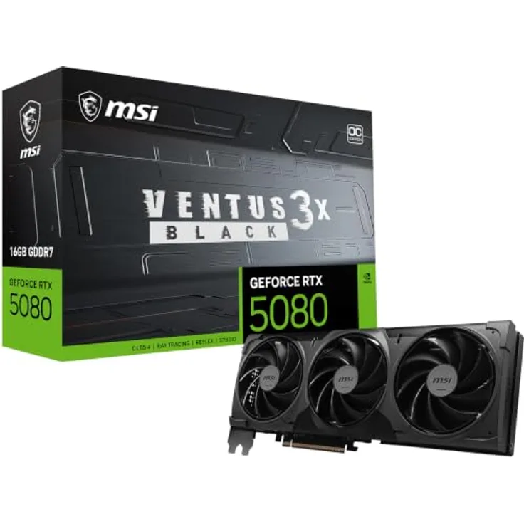 MSI GeForce RTX 5080 VENTUS 3X OC, Grafikkarte mit 16 GB GDDR7, Schwarz, Reflex 2 RTX AI DLSS 4.5