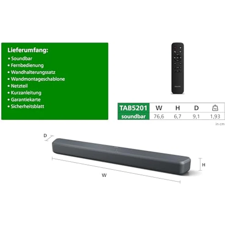 Philips TAB5201/10 Soundbar, 2.0 Kanäle, 80 W RMS, DTS Virtual:X, Dolby Digital Plus, Bluetooth 5.4, kompakte Bauweise – Bild 2