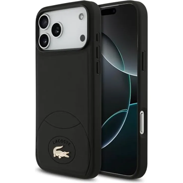 CG MOBILE Lacoste Bliss MagSafe Hülle für iPhone 17 Pro, Hartschale aus Kunstleder/TPU/PC, Schwarz