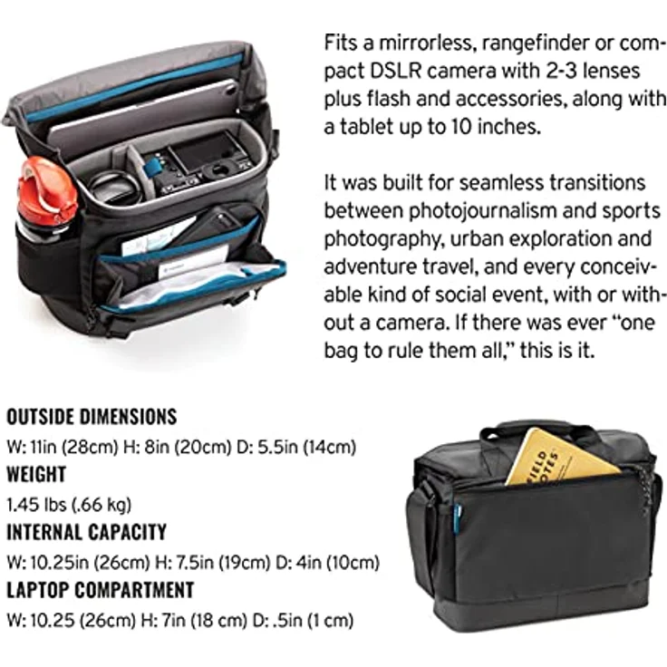 Tenba 638-570 DNA 9 Slim Messenger Bag, Kameratasche für spiegellose und DSLR-Kameras mit wasserdichter Basis, schwarz – Bild 3