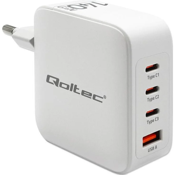 Qoltec 140W GaN-Ladegerät, 5-20V, 3 x USB-C PD, 1 x USB QC 3.0, kompakt und effizient, Weiss