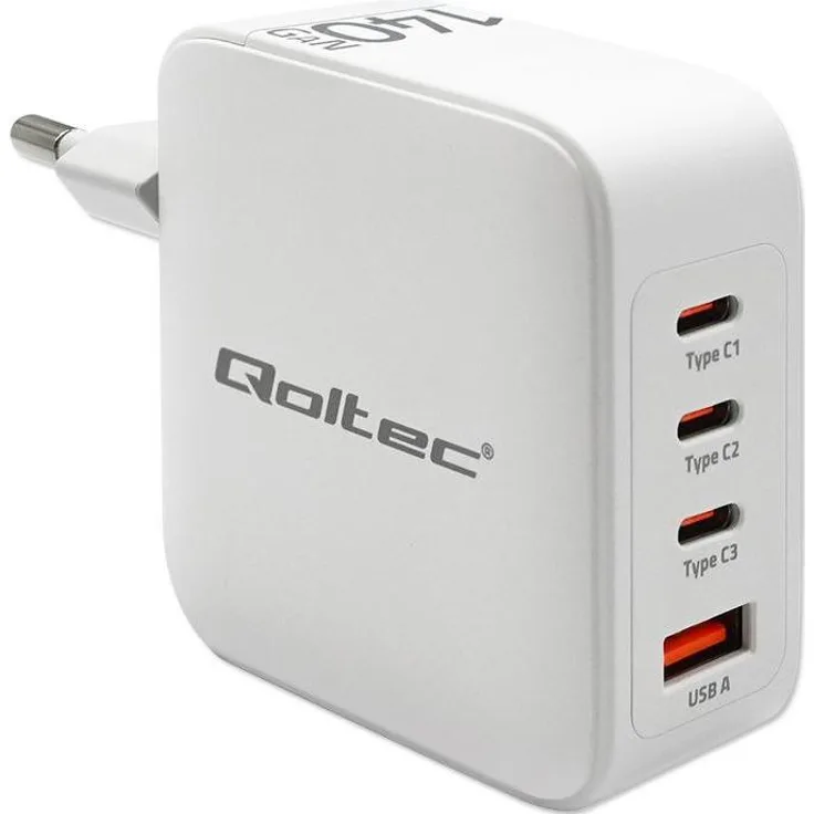 Qoltec 140W GaN-Ladegerät, 5-20V, 3 x USB-C PD, 1 x USB QC 3.0, kompakt und effizient, Weiss