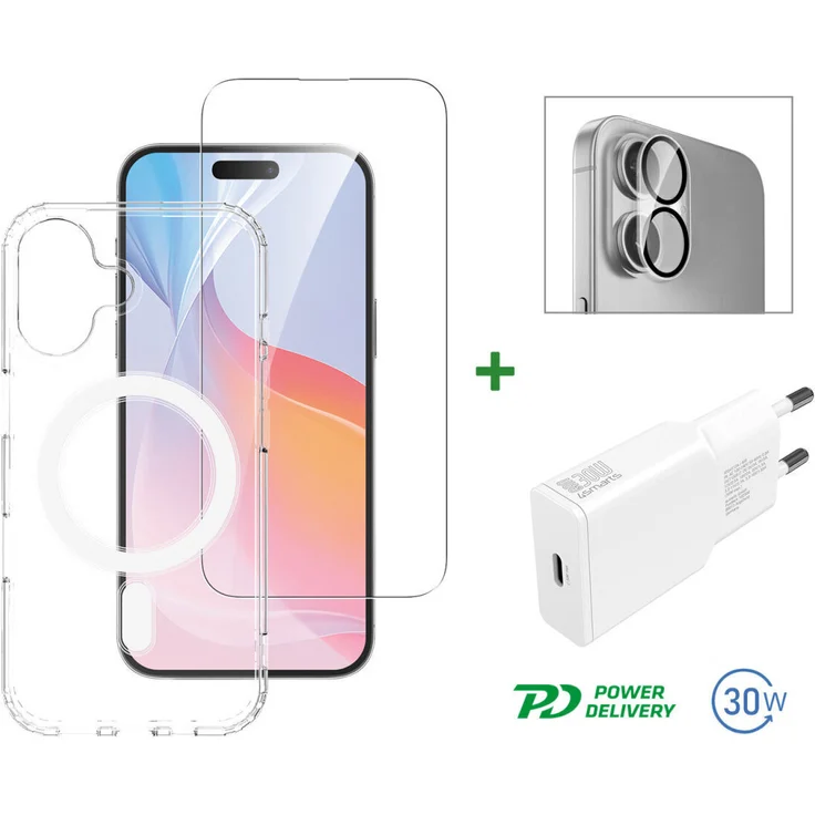 4smarts 3in1 Premium Starter Set für Apple iPhone 16, 30W Netzteil, MagSafe-kompatible Hülle und 9H-Schutzglas
