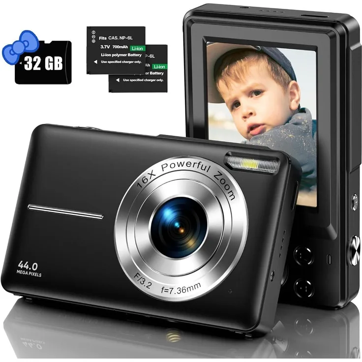 VIVITAR Digitalkamera für Kinder, 44MP HD mit 2,4" LCD-Bildschirm, 16X Digitalzoom, 32G Micro SD Karte und 2 Batterien, Beste Wahl für Anfänger