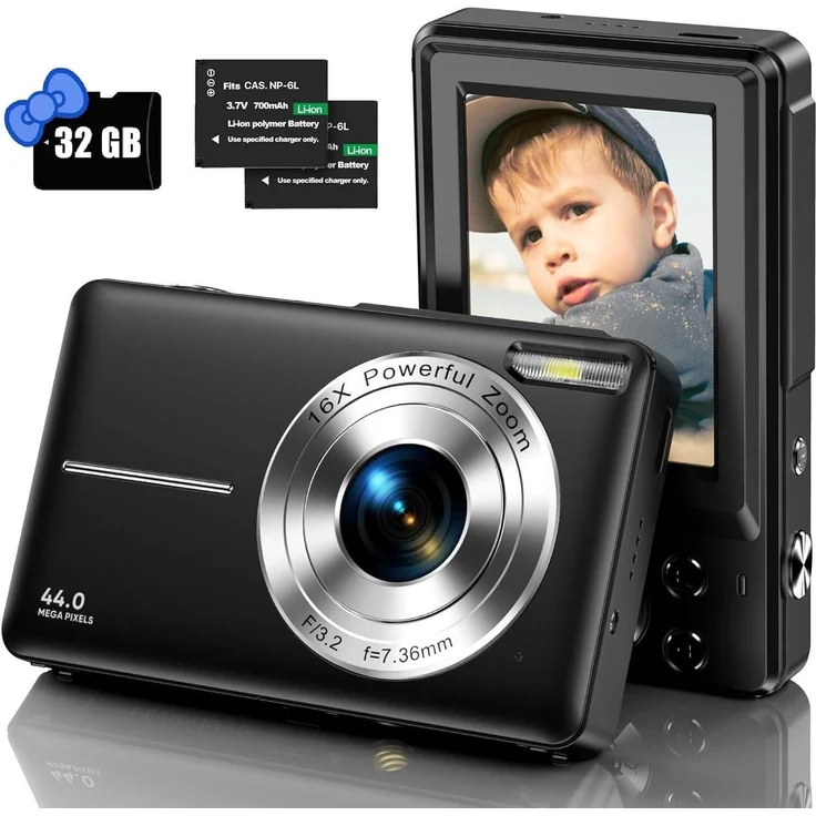 VIVITAR Digitalkamera für Kinder, 44MP HD mit 2,4" LCD-Bildschirm, 16X Digitalzoom, 32G Micro SD Karte und 2 Batterien, Beste Wahl für Anfänger