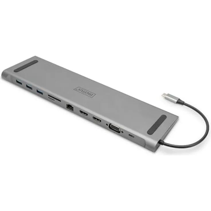DIGITUS USB-C Docking Station für Laptops – 11 Ports – 2X HDMI, 1x VGA – Ultra HD 4k30Hz – 3X USB 3.0, 1x USB Typ-C – RJ45 LAN, Klinke Audio, Kartenleser – Silber