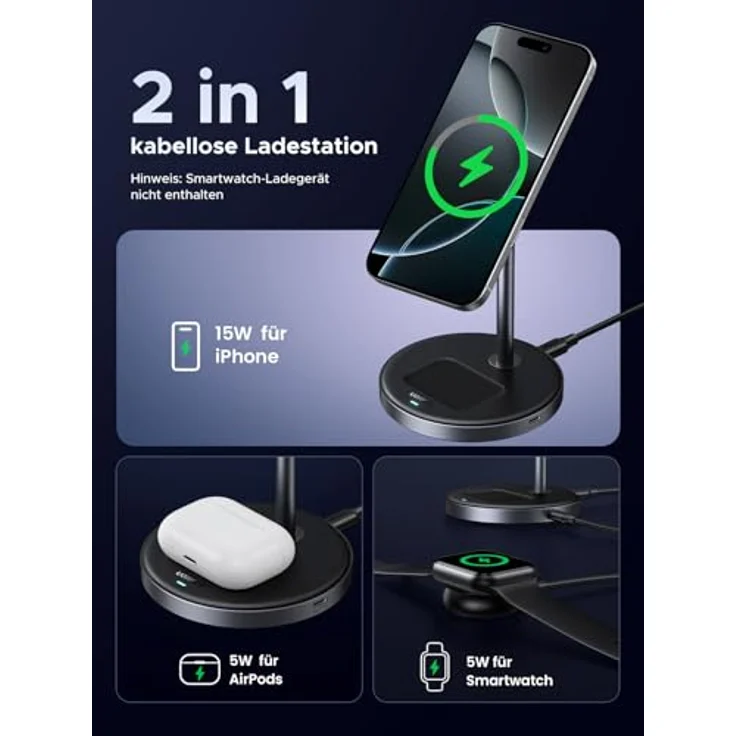 UGREEN MagFlow Qi2 15W iPhone Ladestation, kabelloses Ladegerät MagSafe-Kompatibel, 90° verstellbar, für iPhone 16/15/14/13/12, AirPods 4/3, 1M Kabel – Bild 3