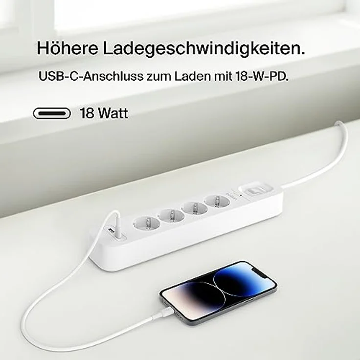 Belkin 4-Fach Steckdosenleiste mit Überspannungsschutz, Wandmontage, 4 Steckdosen, 2-m-Netzkabel, grüne Leuchtanzeige, USB-C- und USB-A-Anschluss mit USB-C PD zum Schnellladen; Schutz für 525 Joule – Bild 3