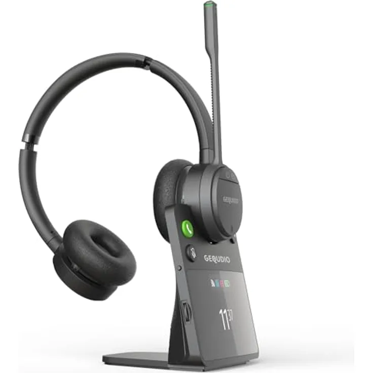 GEQUDIO GC-4 DECT und Bluetooth Dual Headset mit Active Noise-Cancelling und hybrider Geräuschunterdrückung, 2-Ohr mit Basisstation - kabellos am Unify OpenStage OpenScape und PC
