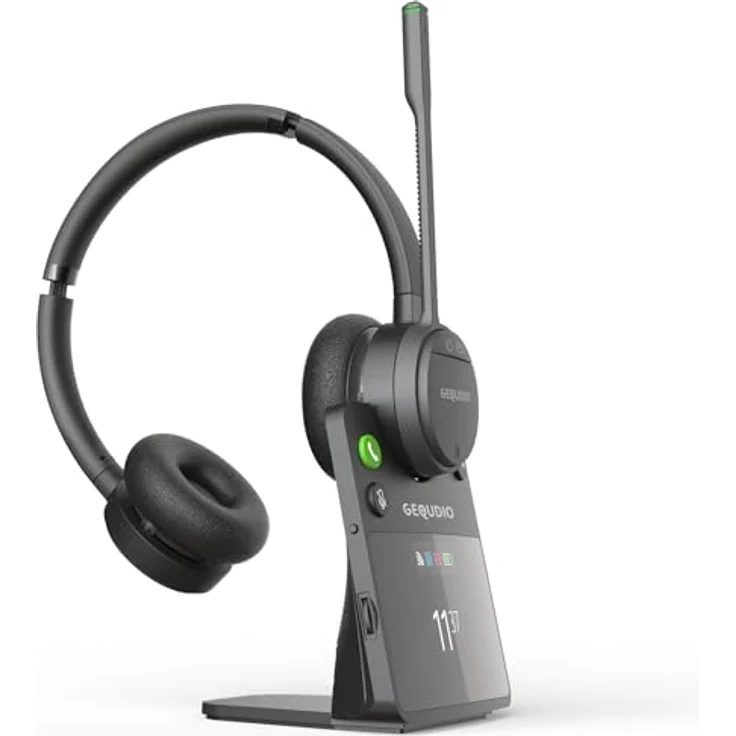 GEQUDIO GC-4 DECT und Bluetooth Dual Headset mit Active Noise-Cancelling und hybrider Geräuschunterdrückung, 2-Ohr mit Basisstation - kabellos am Unify OpenStage OpenScape und PC – Bild 1