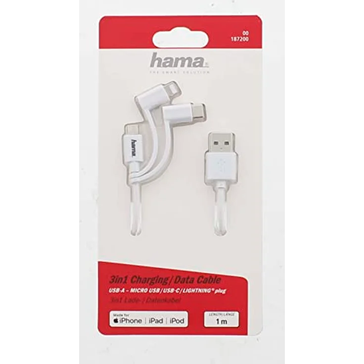 Hama 3-in-1 Multi-Ladekabel USB-A Micro-USB USB-C und Lightning 1,0 m Weiß – Bild 3