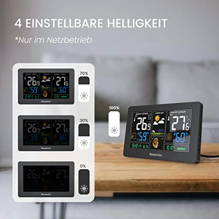 Newentor Wetterstation Funk mit Außensensor - Funkwetterstation mit Wettervorhersage, Temperaturwarnung, DCF Funkuhr - Batteriebetrieb und Netzbetrieb, Schwarz – Bild 4