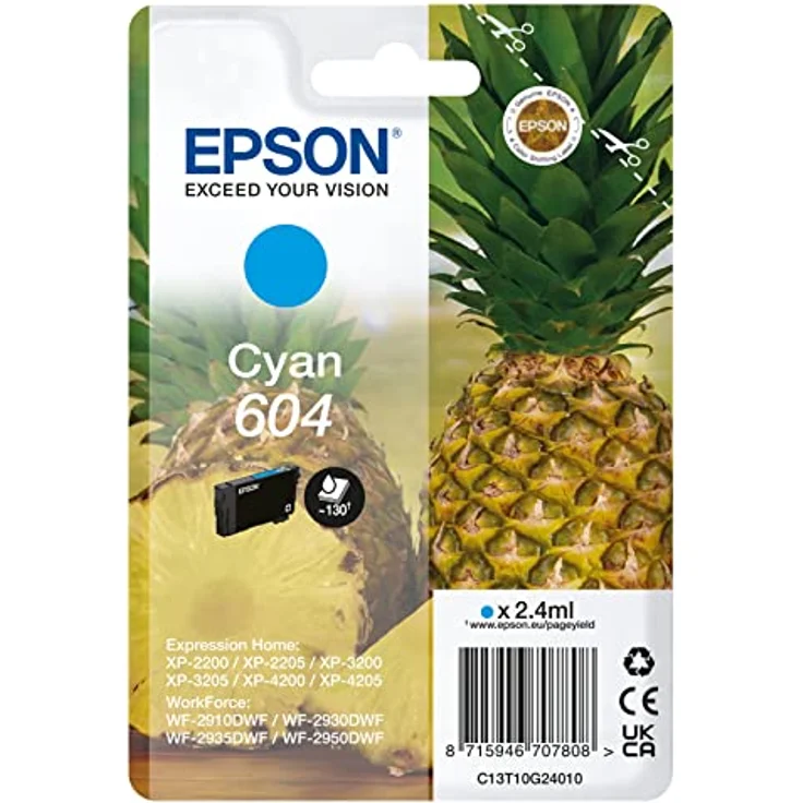 Epson Orginal 604 Tinte Ananas Singlepack Cyan Standard, XP-2200 XP-2205 XP-3200 XP-4205 WF2910DWF WF2930DWF WF2950DWF, ReadyPrint Flex-Tintentarife, Black – Bild 1