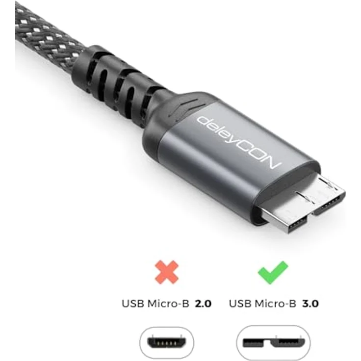 deleyCON 3,0m USB 3.0 Micro B Kabel 5Gbps - USB A auf Micro B Stecker - Datenkabel für externe Festplatten und Geräte - robustes Nylonkabel mit optimalem Knickschutz – Bild 4