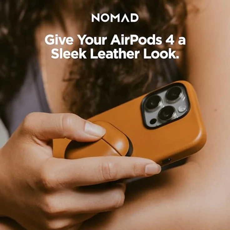 NOMAD Modern Leather Case für Airpods 4 | Robuste Schutzhülle aus Polycarbonat und Echtleder, gummierte TPE-Bumper, kabelloses Laden, English Tan – Bild 5