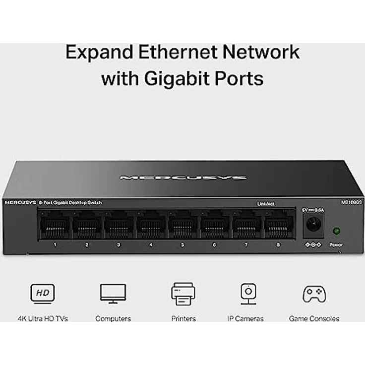 Mercusys MS108GS 8-Ports Gigabit Netzwerk Switch, Unmanaged LAN Switch, Plug and Play, Metallgehäuse, Lüfterlos, in Silber – Bild 5