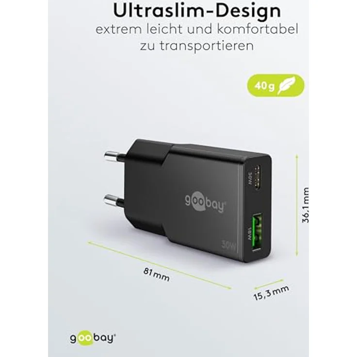 goobay USB-C Ladegerät 30W, Ultra Flaches GaN Netzteil, Dual Port mit Power Delivery & Quick Charge, Slim Ladeadapter für iPhone, Samsung Galaxy, iPad - Schwarz - 75737 – Bild 3