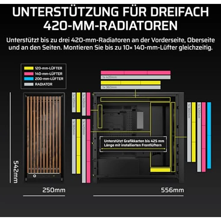 Corsair FRAME 5000D WOOD RS, Midi Tower PC, Schwarz/Braun, ATX, EATX, micro ATX, Mini-ITX, gehärtetes Glas, Gaming, mit RGB-Beleuchtung – Bild 8