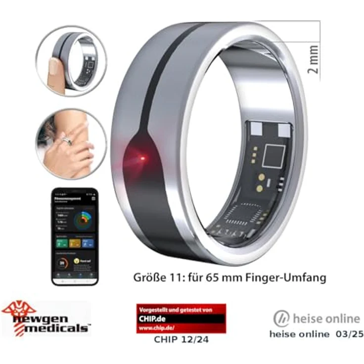 Newgen Medicals Ring Schlafüberwachung, Fitnesstracker-Ring mit Herzfrequenz- & SpO2-Anzeige, 2 mm, Silber, Gr.65, wasserdicht bis 5 ATM, Touch-Funktion, SOS-Alarm – Bild 2