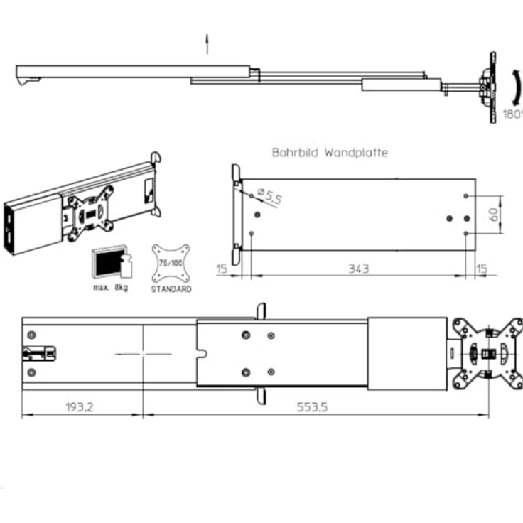Novus SKY 20W, leichte TV-Wandhalterung mit Dreh- und Schwenkfunktion, VESA 75x75 mm und 100x100 mm, ideal für Wohnmobile und Caravans – Bild 9