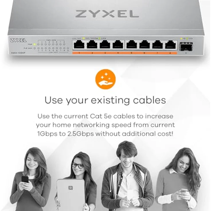 Zyxel 8-Port PoE 2.5G Multi-Gig Unmanaged Switch @ 100W mit 8 x PoE++(60W), 1 x 10G SFP+ |Desktop- oder Wandmontage [XMG-108HP] – Bild 6