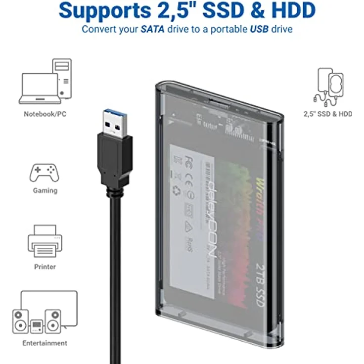 deleyCON SSD Festplattengehäuse USB 3.1 Gen. 1 für 2,5“ Zoll SATA 3 SSD / HDD, UASP, Transparent-Grau – Bild 5
