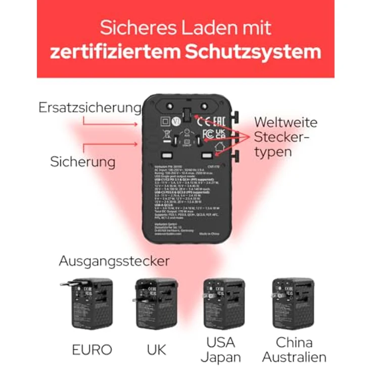 Verbatim Charge'n'Travel 170W, GaN III Universal Reiseadapter mit 3 × USB-C und 1 × USB-A, schwarz – Bild 4