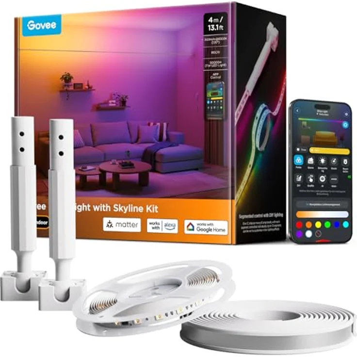 Govee LED Strip mit Skyline Kit, RGBWWIC Farbbeleuchtung, 4m, kompatibel mit Matter, Alexa und Google, individuelle Segmentsteuerung, 154+ Szenen, schwebende Wandmontage – Bild 1