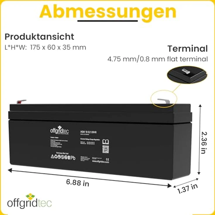 Offgridtec® AGM 2,2Ah 20HR 12V Solar Batterie Akku, extrem zyklenfest und wartungsfrei – Bild 2
