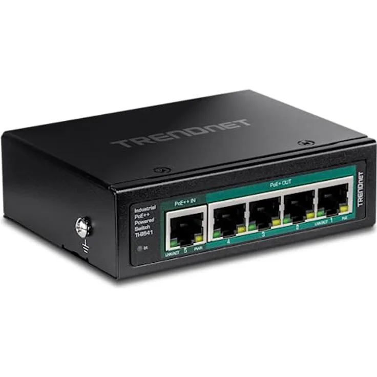 TRENDnet TI-B541, 5-Port-Industrie-Gigabit-PoE++-betriebener DIN-Schienen-Switch mit PoE-Pass-Through