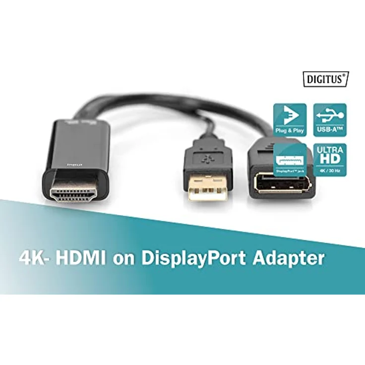 DIGITUS HDMI-Adapter, HDMI zu DisplayPort, UltraHD 4K/30Hz, 0,2 m, DP 1.2 mit USB-A Stromversorgung, Schwarz – Bild 4
